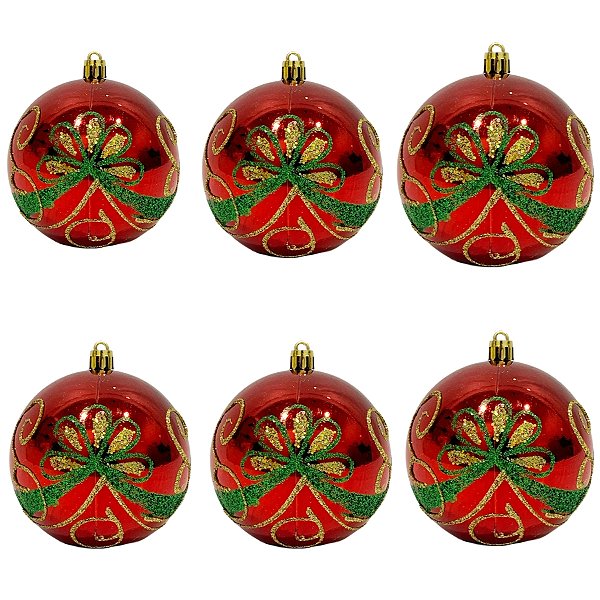 BOLA DE NATAL VERMELHA DECORADA  8CM 6 UNIDADES P15081