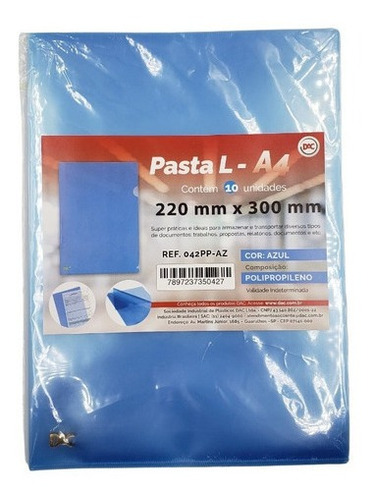 Pasta L Azul A4 Para Guardar Papeis - Pacote 10 Und.