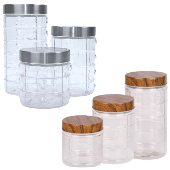 Conjunto 3 Potes De Vidro Tampa Inox & Madeira Ecos 800Ml 1290Ml 1740Ml