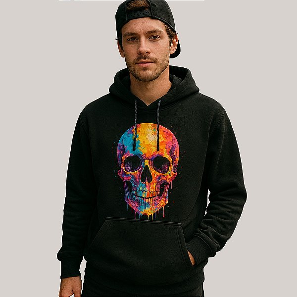 Blusa de Moletom - Estampa Caveira - com Capuz e Bolso Canguru