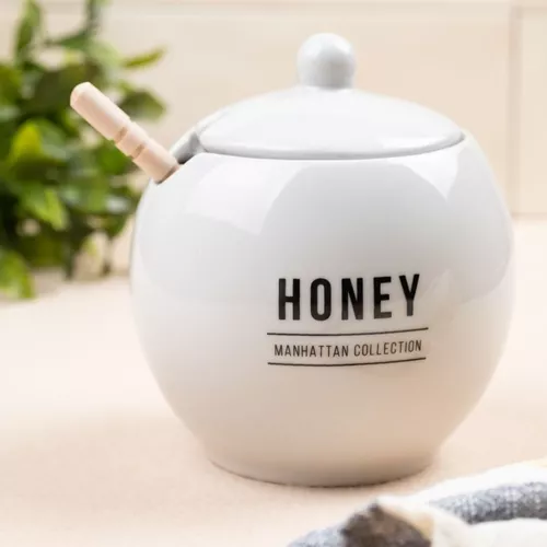 MELEIRA DE PORCELANA COM TAMPA + PEGADOR DE BAMBU MANHATTAN HAUSKRAFT BRANCO 350ML
