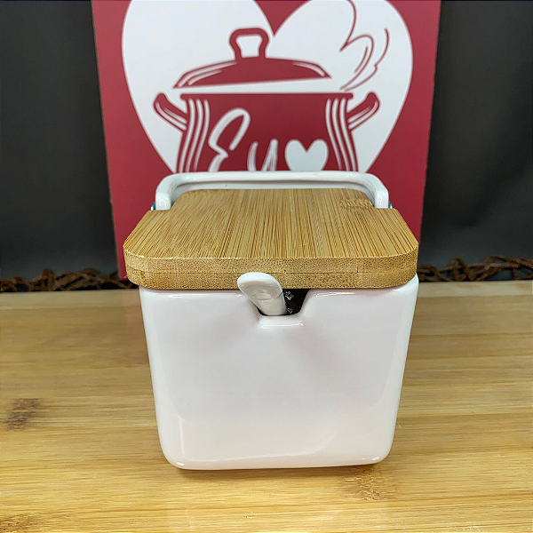 SALEIRO PORTA CONDIMENTO PORCELANA COM COLHER E TAMPA DE BAMBU 300M