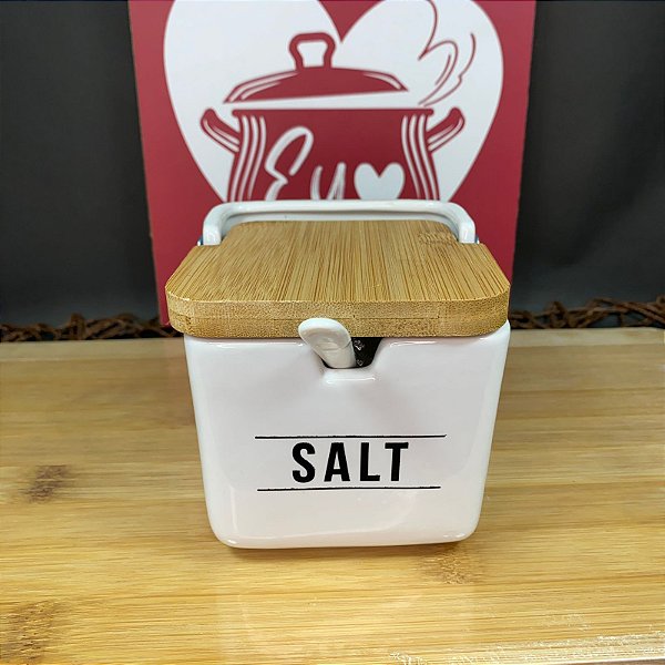SALEIRO DE PORCELANA COM COLHER + TAMPA DE BAMBU SALT MANHATTAN HAUSKRAFT 270ML