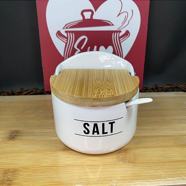 SALEIRO DE PORCELANA COM COLHER + TAMPA DE BAMBU SALT MANHATTAN HAUSKRAFT 290ML BRANCO
