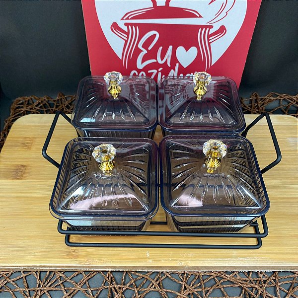 CONJUNTO PARA FRUTAS SECAS E DOCES / PORTA CONDIMENTO DE ACRILICO 4 PECAS + SUPORTE ARAMADO