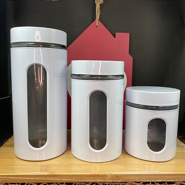 CONJUNTO DE POTE DE VIDRO COM INOX REDONDO  COM TAMPA BRANCO HAUSKRAFT -  3 PECAS 600/900/1200ML