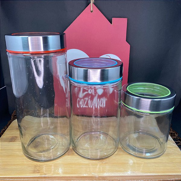 CONJUNTO DE POTE DE VIDRO REDONDO COM TAMPA HERMETICA DE INOX HAUSKRAFT 3 PECAS