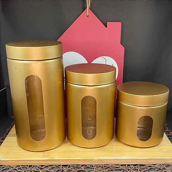 CONJUNTO DE POTE DE VIDRO COM INOX REDONDO  COM TAMPA GOLD HAUSKRAFT -  3 PECAS 600/900/1200ML