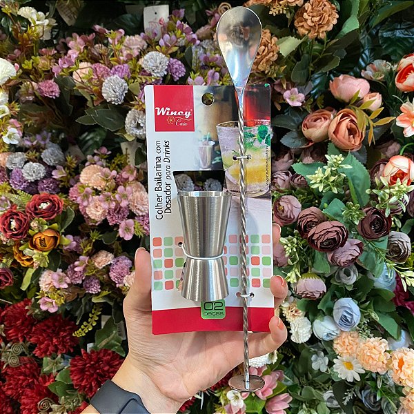 JOGO COLHER MISTURADOR DE BEBIDAS BAILARINA DE INOX E DOSADOR