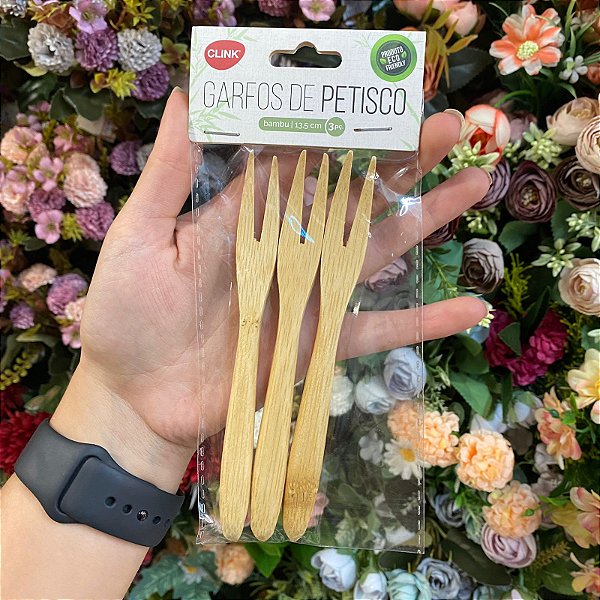 GARFINHO DE BAMBU PARA FRUTAS E PETISCOS COM 3 PECAS 13,5CM