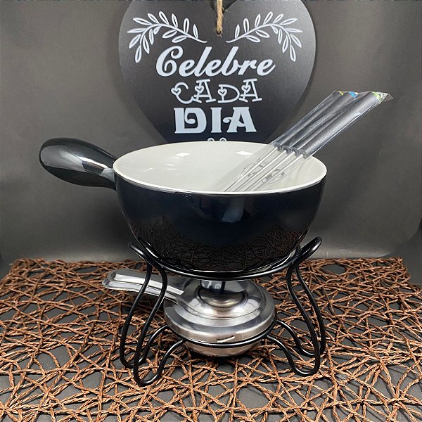 JOGO DE FONDUE DE PORCELANA LAUSANNE COM 4 GARFOS / PANELA / SUPORTE HAUSKRAFT 700ML