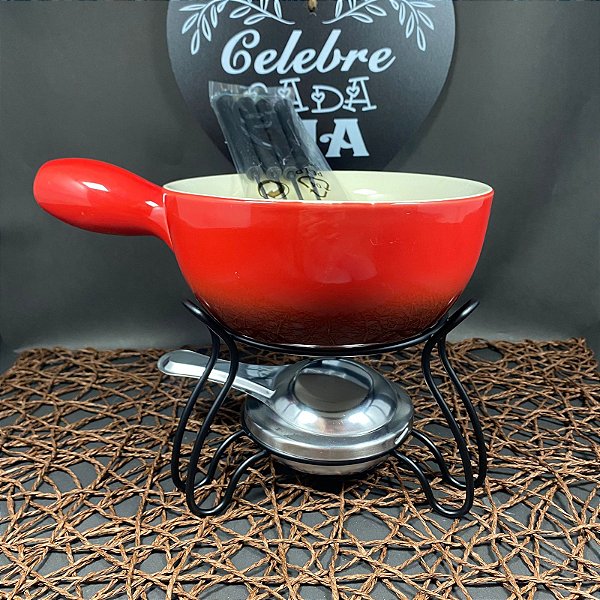 JOGO DE FONDUE DE PORCELANA LAUSANNE COM 4 GARFOS / PANELA / SUPORTE HAUSKRAFT 700ML