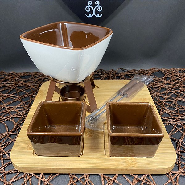 JOGO DE FONDUE DE PORCELANA BILZEN 2 GARFOS /PANELA / SUPORTE / VELA HAUSKRAFT