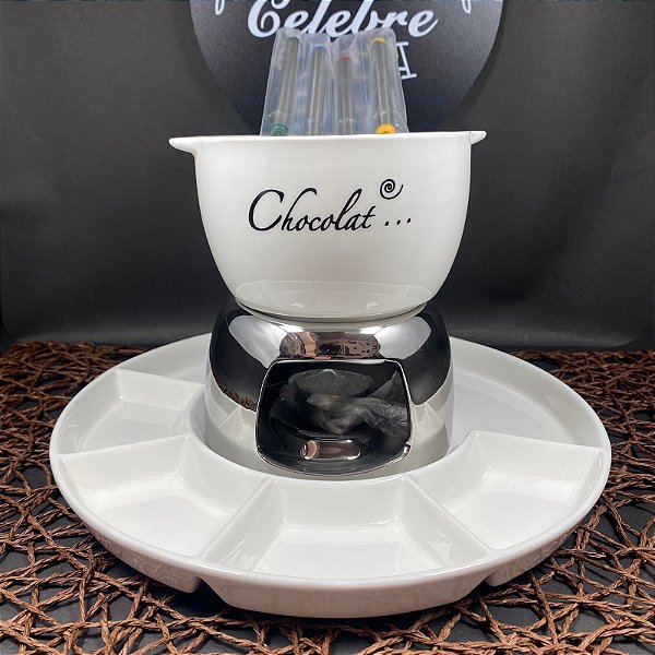 JOGO DE FONDUE DE PORCELANA CHARMY COM 4 GARFOS / PANELA / SUPORTE / VELA HAUSKRAFT 500ML