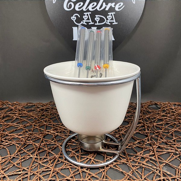JOGO DE FONDUE DE PORCELANA NEW COM 4 GARFOS / PANELA / SUPORTE / VELA HAUSKRAFT 450ML