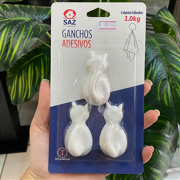 CABIDE GANCHO DE PLASTICO GATO AUTOADESIVO C/3 PCS