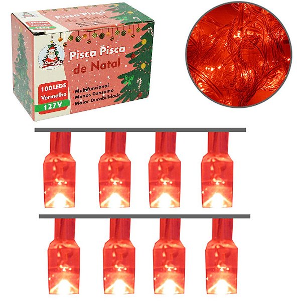 PISCA PISCA NATAL 100 LEDS VERMELHO 127V 9M 4 FUNCOES FIO TRANSPARENTE