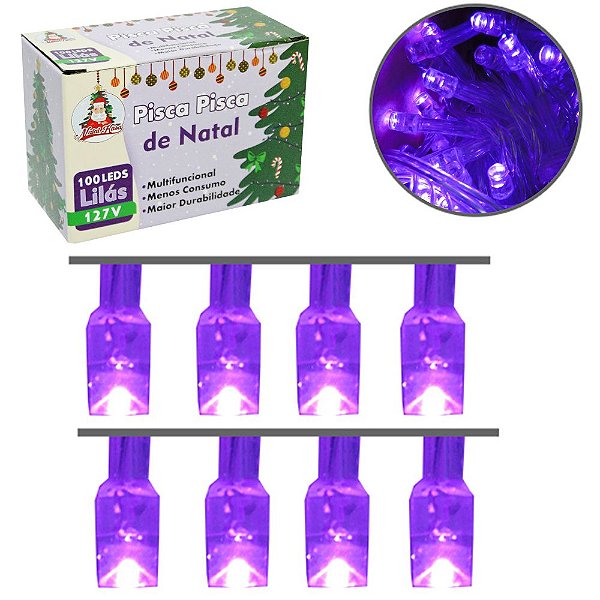 PISCA PISCA 100 LEDS LILAS 127V 9M 4 FUNCOES FIO TRANSPARENTE