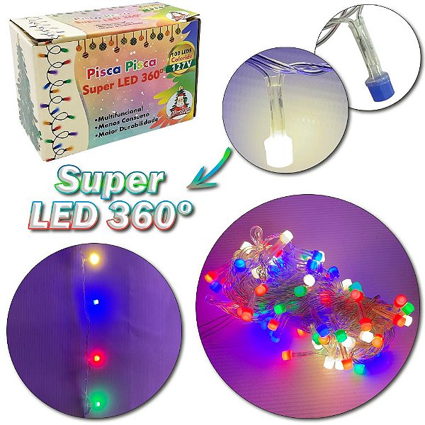 PISCA PISCA NATAL 100 LEDS COLORIDO SUPER LED 360 127V 9M 8 FUNCOES FIO TRANSPARENTE
