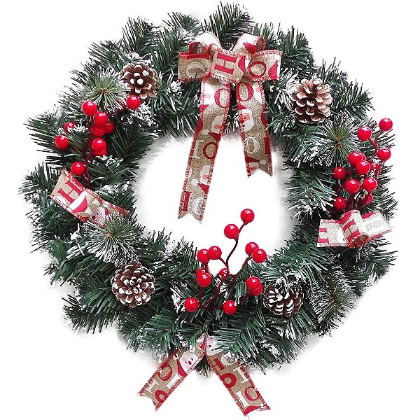 GUIRLANDA NEVADA COM LACOS + PINHAS E AZEVINHOS 40CM DE Ø