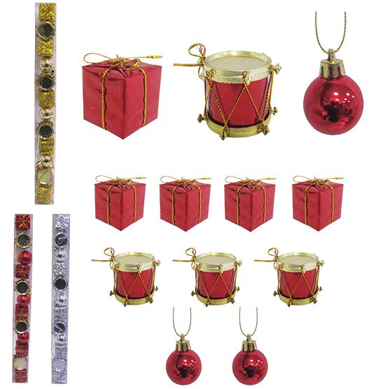 ENFEITE MISTO CAIXA DE PRESENTE / TAMBOR / BOLA COM 12 PECAS