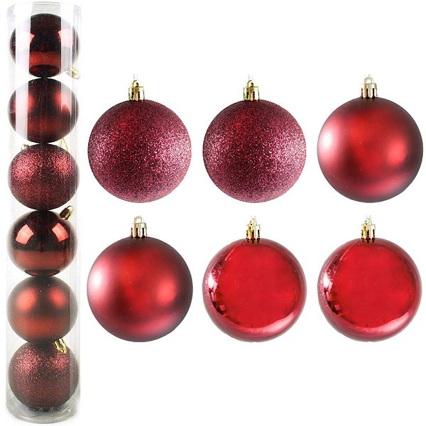 BOLA DE NATAL MISTA FOSCA / LISA / GLITTER VINHO COM 6 PECAS 7CM DE Ø