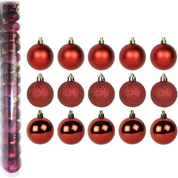 BOLA DE NATAL MISTA FOSCA / LISA / GLITTER VINHO COM 15 PECAS 4CM DE Ø