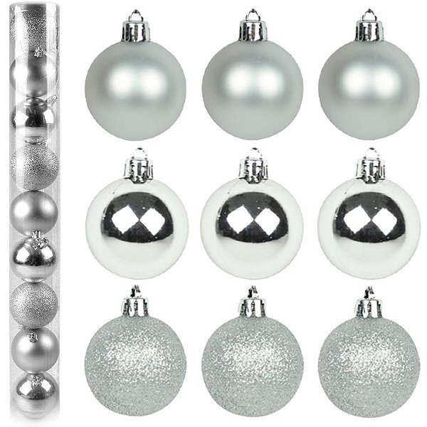 BOLA DE NATAL MISTA FOSCA / LISA / GLITTER PRATA COM 9 PECAS 6CM DE Ø