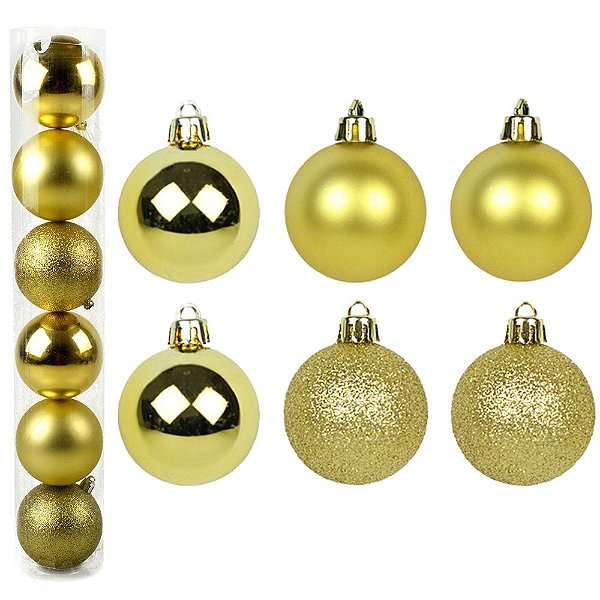 BOLA DE NATAL MISTA FOSCA / LISA / GLITTER DOURADA COM 6 PECAS 7CM DE Ø