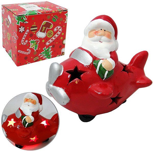 ENFEITE AVIAOZINHO COM PAPAI NOEL DE PORCELANA E LUZ 10,5X9,3CM