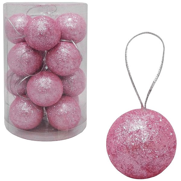 BOLA DE NATAL GLITTER ROSA COM 16 PECAS 4CM DE Ø NO TUBO