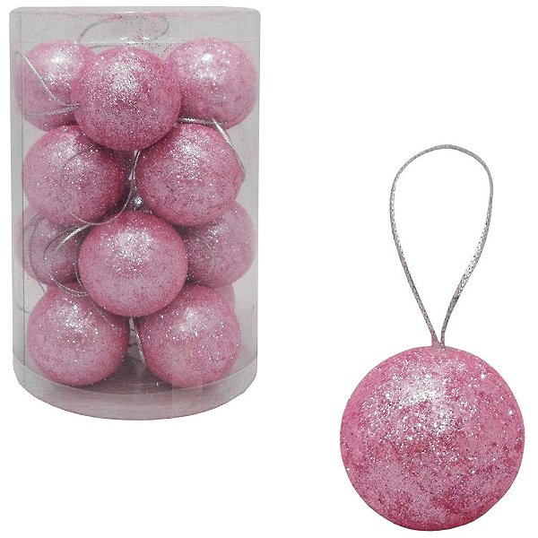 BOLA DE NATAL GLITTER ROSA COM 16 PECAS 3CM DE Ø NO TUBO