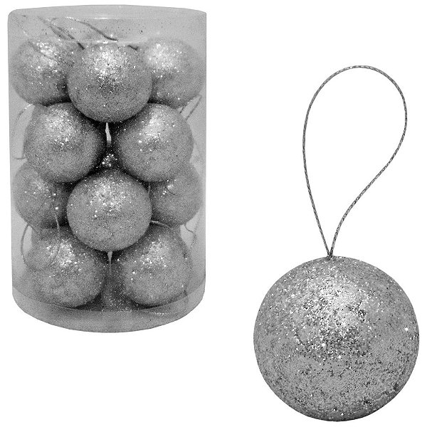 BOLA DE NATAL GLITTER PRATA COM 16 PECAS 4CM DE Ø NO TUBO