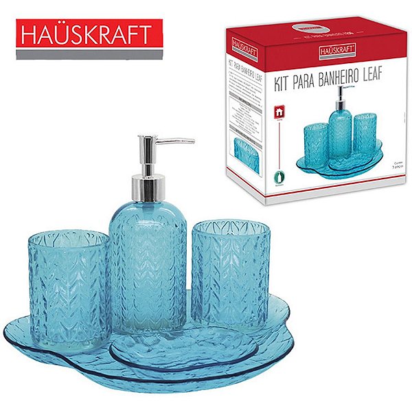 JOGO PARA BANHEIRO DE VIDRO LEAF AZUL HAUSKRAFT COM 5 PECAS NA CAIXA