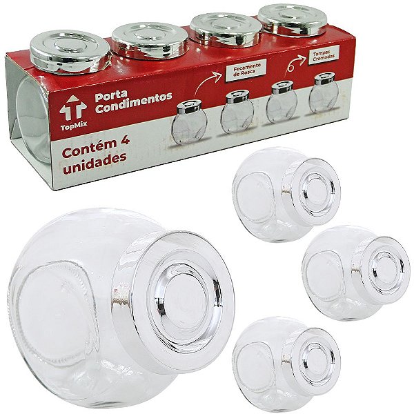PORTA CONDIMENTO DE VIDRO COM TAMPA DE PLASTICO METALIZADO PRATA 4 PECAS 200ML