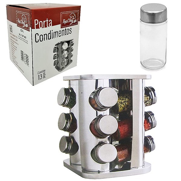 PORTA CONDIMENTO DE VIDRO / INOX COM 12 PECAS 80ML + SUPORTE GIRATORIO NA CAIXA