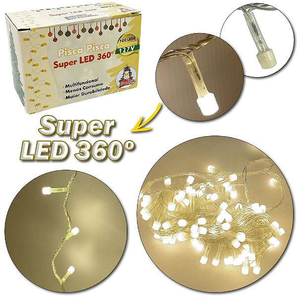 PISCA PISCA NATAL 100 LEDS BRANCO QUENTE SUPER LED 360 127V 9M 8 FUNCOES FIO TRANSPARENTE