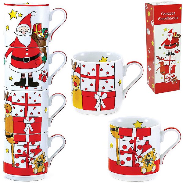 JOGO DE CANECA DE PORCELANA EMPILHAVEIS PARA CHA COM 4 PECAS 275ML