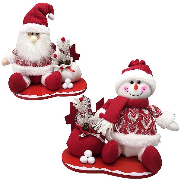 ENFEITE PAPAI NOEL / BONECO DE NEVE COM CERCA + SACO DE PRESENTES 28X25CM