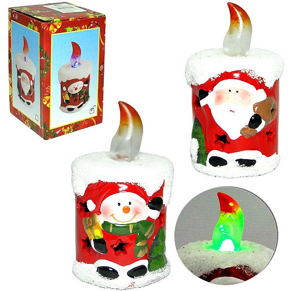 ENFEITE VELA COM PAPAI NOEL / BONECO DE NEVE DE PORCELANA COM LUZ 11X6CM DE Ø
