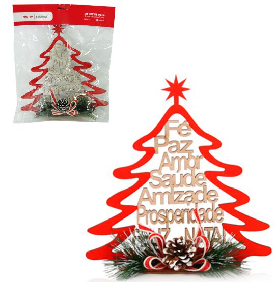 ENFEITE DE MESA DE MADEIRA ARVORE PALAVRAS COM PINHA + LACO 22CM