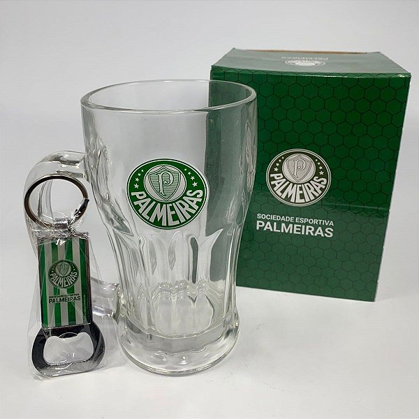 KIT CANECA COM CHAVEIRO EM VIDRO PALMEIRAS 450ML