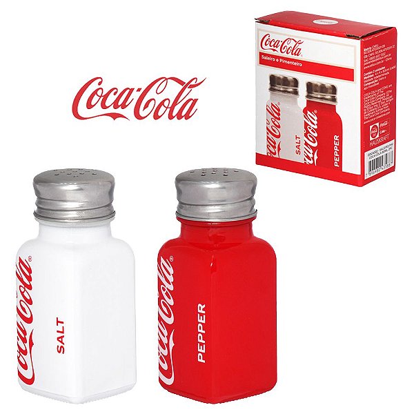 SALEIRO COM PIMENTEIRO DE MESA DE VIDRO COCA-COLA COM TAMPA DE INOX HAUSKRAFT 2 PECAS 80ML