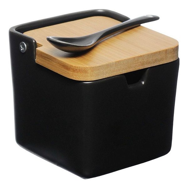 SALEIRO DE PORCELANA COM COLHER TAMPA BAMBU HAUSKRAFT 270ML