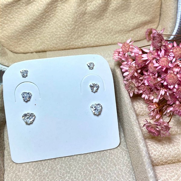 TRIO DE BRINCO BRILHANTE CORAÇÃO EM PRATA 925