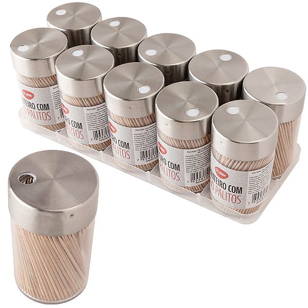 PALITEIRO DE PLASTICO COM TAMPA INOX + 100 PALITOS DE BAMBU