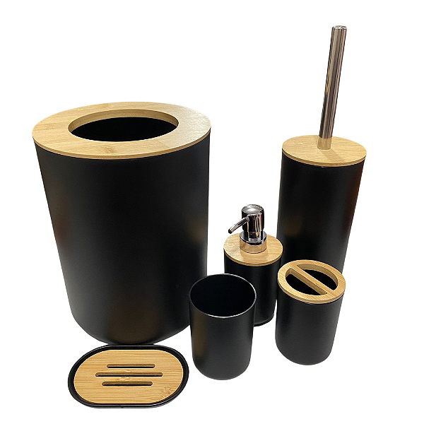 Kit pra Banheiro Bambu Conjunto Lavabo Saboneteira Lixo de Banheiro Acessórios 6 peças