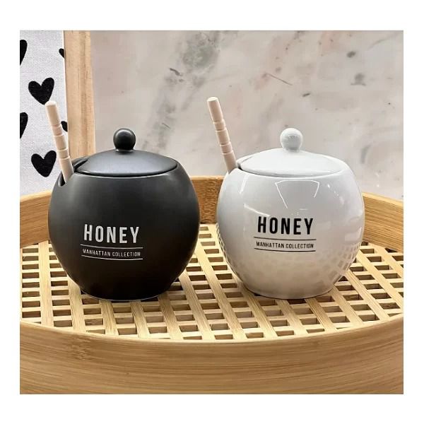 MELEIRA DE PORCELANA COM TAMPA + PEGADOR DE BAMBU MANHATTAN HAUSKRAFT PRETO 350ML