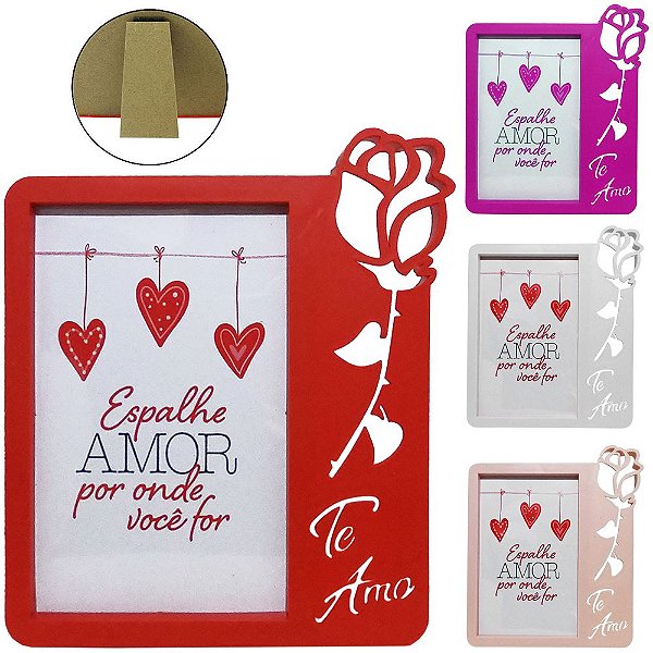 PORTA RETRATO COM MOLDURA DE PLÁSTICO VAZADO TE AMO/FLOR  ( VERMELHO E BRANCO)