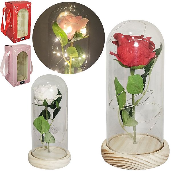 ENFEITE CUPULA COM FLOR TECIDO + MICRO LED E BASE DE MADEIRA